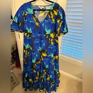 Christopher John Rogers Ruffled Tiered Blue Yellow Midi Dress